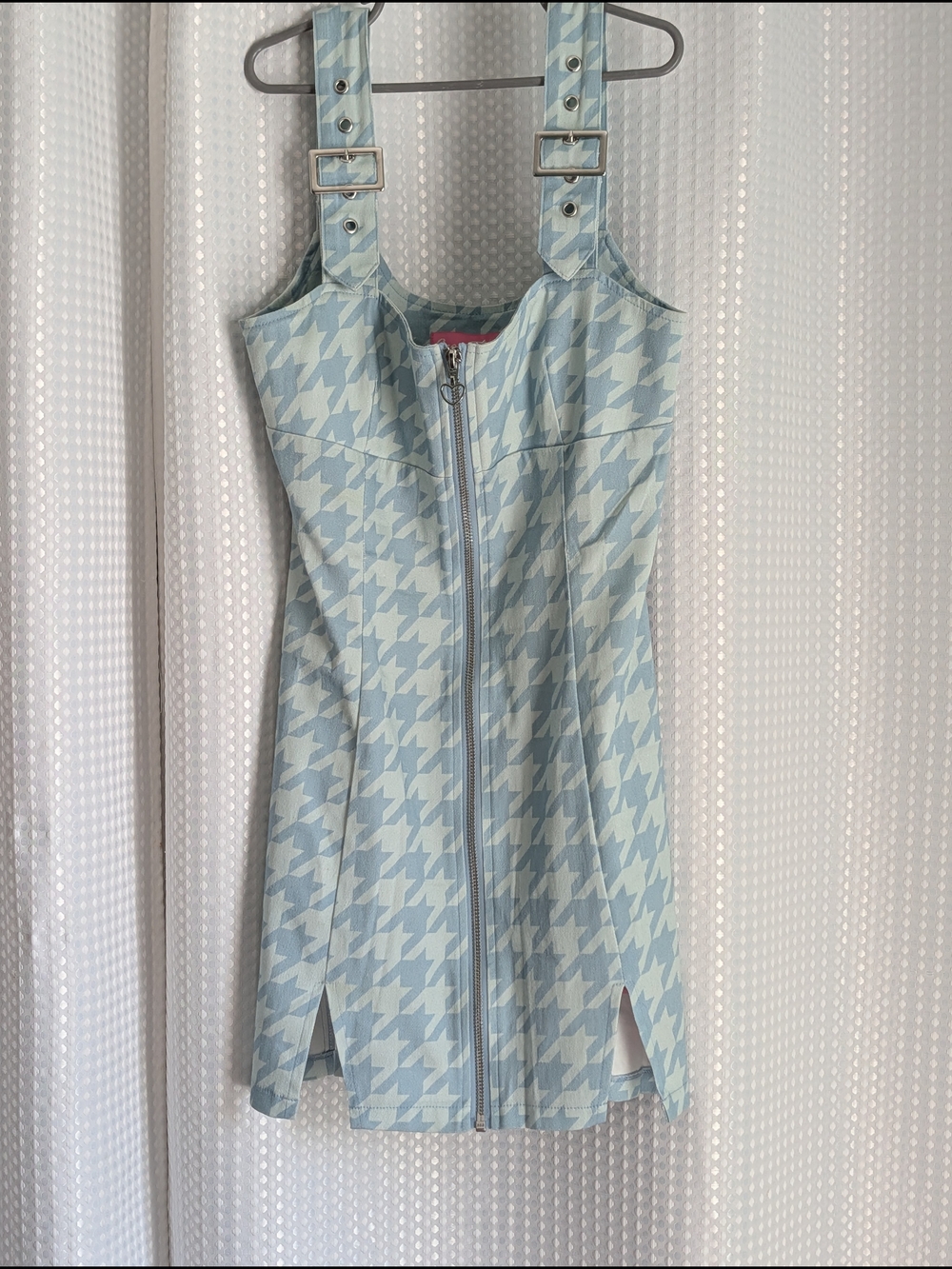 Sugar Thrillz Light Blue & White Houndstooth Zip-Front Mini Dress